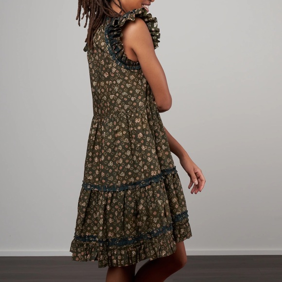 Ulla Johnson joan printed jasper green ruffle trimmed tiered dress with pockets - Picture 3 of 10